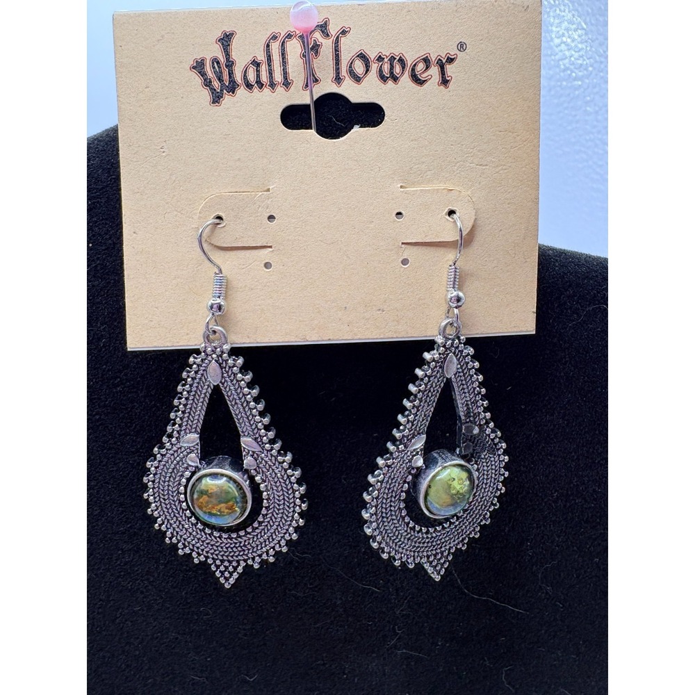 Wallflower Silver Teardrop with Iridescent Green Stone Dangle Earrings